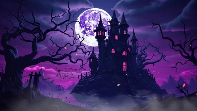 spooky palace in halloween night with pumpkin and bats under full moon
