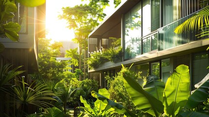 Sunlit green balcony garden of modern apartment building with lush tropical plants Urban oasis showcasing vertical gardening and sustainable architecture