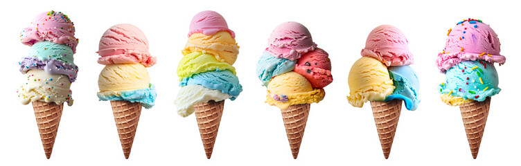 Pastel rainbow Ice cream double triple scoop, on waffle cone on transparent background cutout, PNG file. Many different flavour Mockup template for artwork design