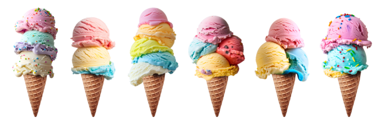 Pastel rainbow Ice cream double triple scoop, on waffle cone on transparent background cutout, PNG file. Many different flavour Mockup template for artwork design
