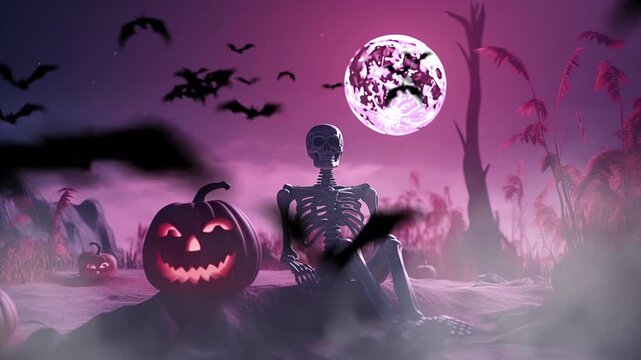 Scary Skeleton and Pumpkins in graveyard at full moon night. Halloween day.