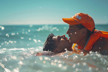 A lifeguard on the beach looking to help a person in trouble