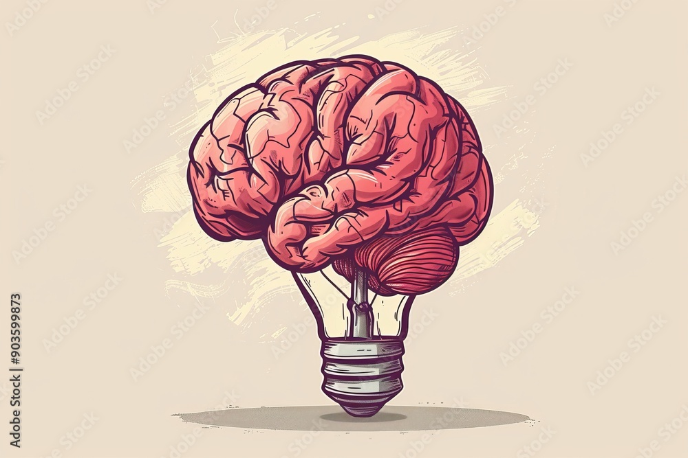 Poster vintage style light bulb with a brain set against a light background representing the blend of creat