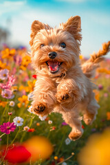 A small dog running through a field of flowers