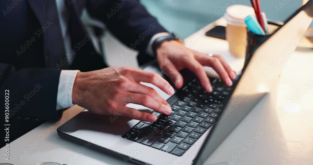Poster laptop, hands and business person typing email, report and research online in office. closeup, keybo