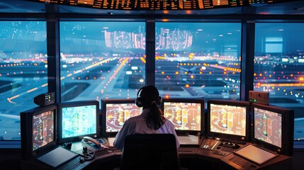 Air traffic controller monitoring flights with large radar screen at sunset, ensuring safe navigation and coordination. Generative by AI
