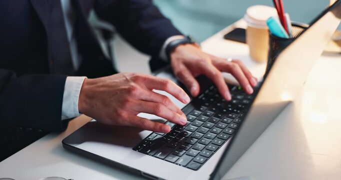 Laptop, hands and business person typing email, report and research online in office. Closeup, keyboard and consultant on computer for writing information, networking and sales proposal in review