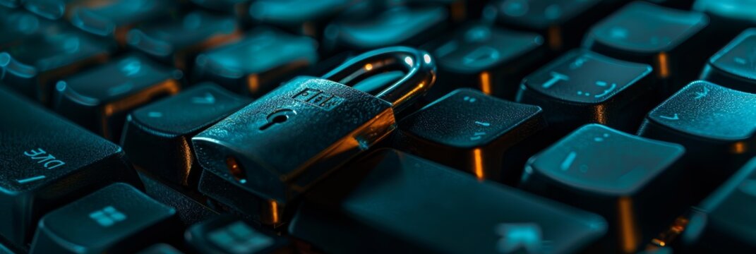A padlock resting on a computer keyboard, symbolizing online security, data protection, privacy, digital safety, and secure access.