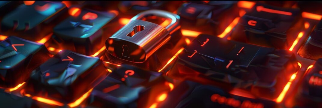 A padlock rests on a glowing keyboard, symbolizing the importance of online security, data protection, strong passwords, encryption, and cyber safety.