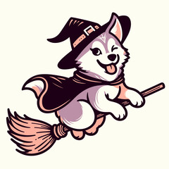  Siberian Husky Dog Wearing Witch Hat On Pumpkin Halloween Costume Cute Cartoon Vector svg Clipart  