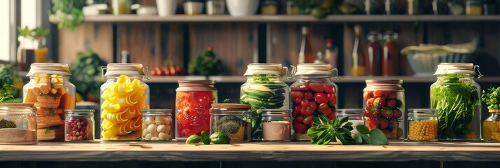 A rustic kitchen pantry with jars filled with fresh produce, herbs, pasta, and other ingredients, symbolizing home cooking, healthy eating, pantry staples, culinary creativity, and a love for food.