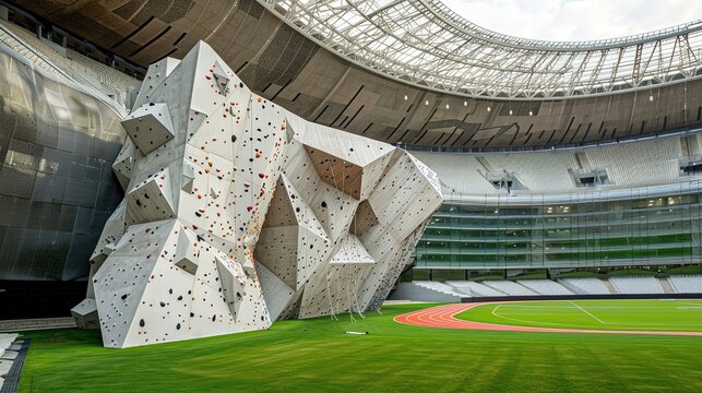 Large climbing wall setup in an empty stadium. Outdoor rock climbing, sport, structure, challenge, event preparation, athletic, adventure, stadium setting. Generative by AI