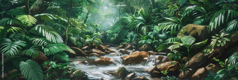 Poster a serene jungle stream flows through lush greenery, sunlight filtering through the canopy creating a