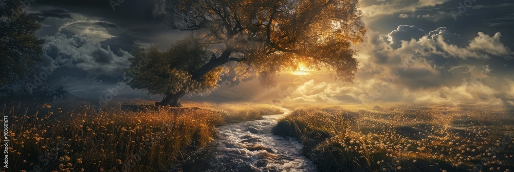Poster a serene landscape featuring a stream winding through a field, with a lone tree casting a shadow in 