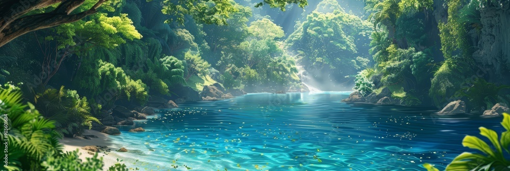 Poster a serene river flows through a dense jungle, sunlight dappling the water, creating a tranquil and in