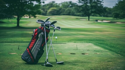Golf bag with clubs on a golf course with sand bunkers and trees in the background. Sports equipment, outdoor activity, golfing, green grass, leisure sport. Generative by AI