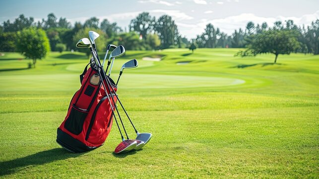 Golf bag with clubs on a golf course with sand bunkers and trees in the background. Sports equipment, outdoor activity, golfing, green grass, leisure sport. Generative by AI