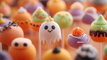 Obraz premium Halloween-themed cake pops featuring adorable ghost, pumpkin, and witch designs.