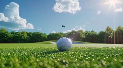 Close-up of a golf ball on the edge of the hole on a green golf course with a flagstick casting a shadow in the background. Outdoor sport, successful putt, precision shot. Generative by AI