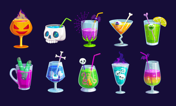 Halloween holiday party cocktail drinks for bar menu in spooky glasses, cartoon vector. Halloween cocktail drinks and soda beverages in skull or scary pumpkin glass with finger, eye or spider ice