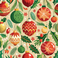 Cartoon Christmas tree decorations and toys seamless pattern. Winter holidays xmas fur tree decorations vector endless design illustration. Christmas holidays background Adobe Illustrator Artwork