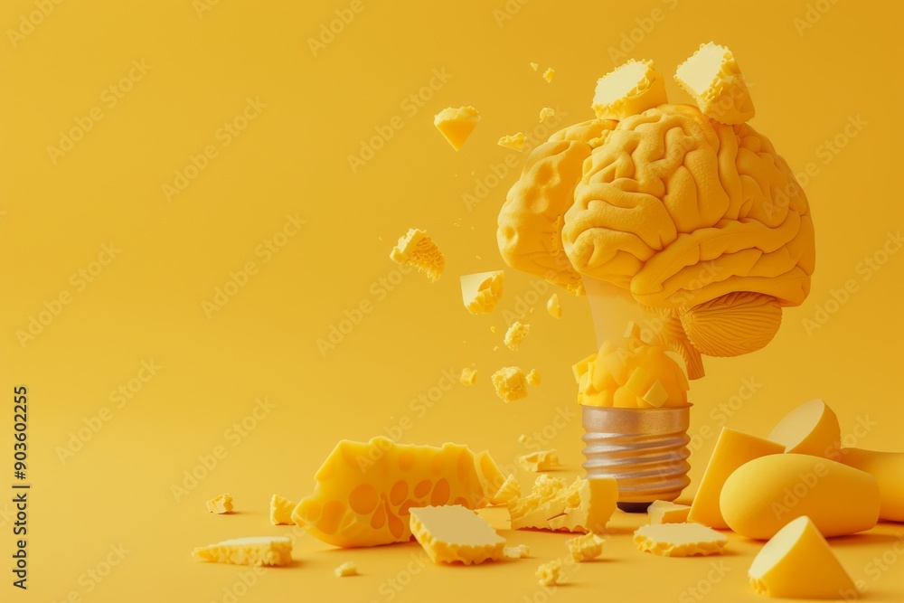 Poster abstract yellow brain exploding with ideas yellow background creativity burst conceptual art bright 