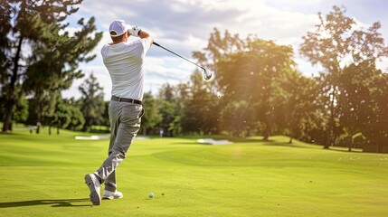Obraz premium Golfer swinging on a green golf course surrounded by trees under a bright blue sky with clouds. Focus on the golfer and the landscape. Generative by AI