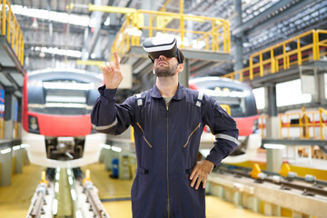 Engineer or technician wearing virtual reality glasses(VR) at train station construction site