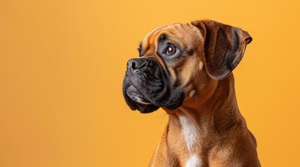 Fototapeta premium Close-up Portrait of a Brown and White Boxer Puppy Against a Yellow Background