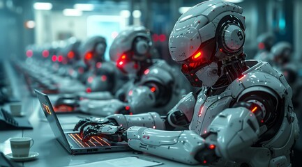 Fototapeta premium Group of Humanoid Robots Working on Laptops in High-Tech Facility