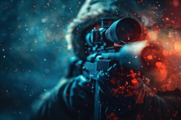 A hooded figure aims a rifle with a scope, surrounded by a dramatic background of swirling lights and snow.