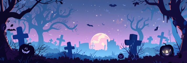 Obraz premium A spooky Halloween graveyard scene with a full moon, flying bats, and spooky trees. The scene is set in a cemetery with tombstones and pumpkins. The moon is a symbol of mystery, the bats are a symbol 