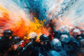 Dispute and battle in conflict, emphasizing the tension and struggle between opposing forces, with close up, political unrest theme, dynamic, Fusion, in a city square backdrop