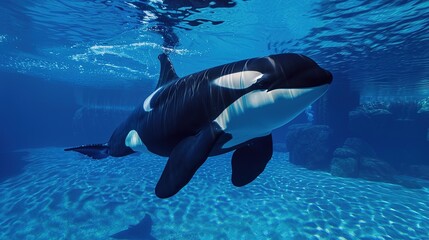 Obraz premium Dynamic Orca Swimming Under the Sea, Capturing Its Powerful Motion and Graceful Movement