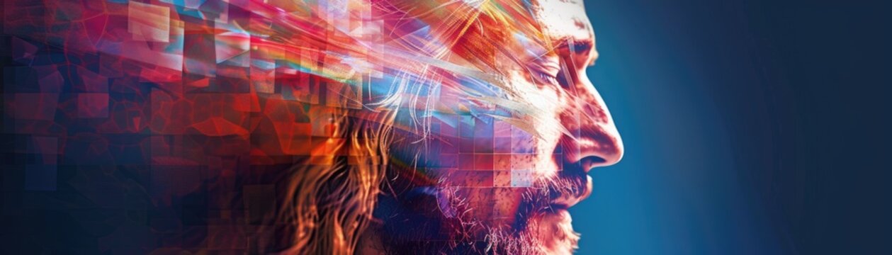 Jesus Christ in modern geometric circles, vibrant colors, abstract background, digital rendering