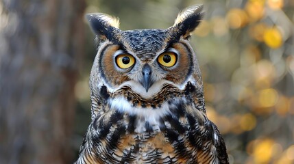 Fototapeta premium Close-Up of a Wise Owl Perched on a Tree Branch, Capturing its Intricate Feathers and Intense Gaze