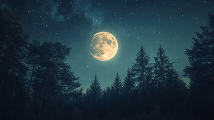 Naklejka premium A serene night scene of the moon shining above a tranquil forest, perfect for nature, mystical and celestial themes.