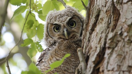 Obraz premium Close-Up of a Wise Owl Perched on a Tree Branch, Capturing its Intricate Feathers and Intense Gaze