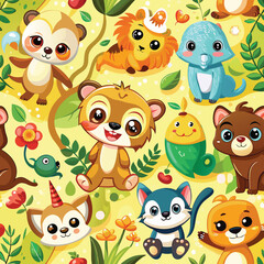 Funny cute cartoon vector seamless illustration - Animals. Adobe Illustrator Artwork