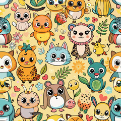 Funny cute cartoon vector seamless illustration - Animals.Adobe Illustrator Artwork
