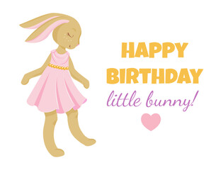 Cute bunny in pink dress and birthday message. Perfect for kids' birthday greetings and invitations.