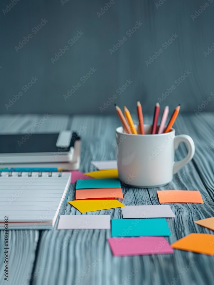 Poster a workspace with soft hues and social media icons, emphasizing target audience reach in a uniquely p