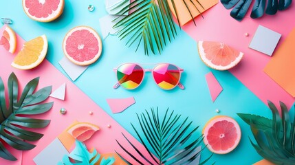 Fototapeta premium A vibrant summer scene featuring pink and blue backgrounds, tropical fruits like grapefruit and oranges, lush green palm leaves, and a pair of trendy sunglasses symbolizing summer, vacation, relaxatio
