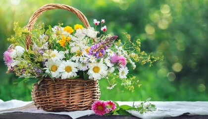 flowers bouquet in wicker basket on table in garden, abstract natural green background. spring, summer season. rustic still life with meadow flowers. template for design. copy space