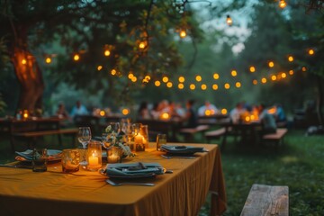 blurred summer background of a summer garden party, with tables set up with bright tablecloths, string lights hanging overhead, and guests mingling in the background. stock photo.rule of thirds . 