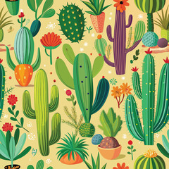 Vector seamless pattern with different cactus. Bright repeated texture with green cacti. Natural hand drawing background with desert plants. Adobe Illustrator Artwork