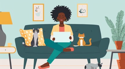 A woman is working on her laptop, surrounded by her cats. The image depicts a comfortable home office setting,  the woman's relaxed posture, and the playful presence of her feline companions. It is a 