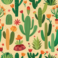  Seamless Pattern with Watercolor Cactus Plants. Variety of different types of cacti, hand drawn Illustrator Artwork