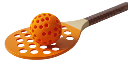 Racket paddle and plastic ball on transparent background
