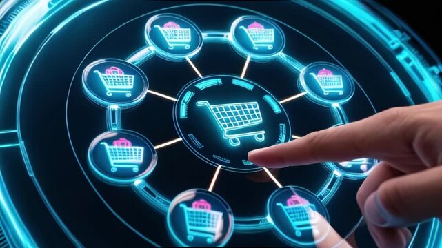 A hand is pointing at a large shopping cart icon surrounded by smaller shopping cart icons in a circle. The background is a glowing blue circle.